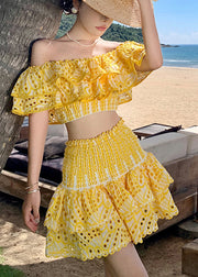 Italian Yellow Slash Neck Hollow Out Cotton 2 Piece Outfit Summer