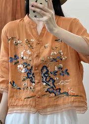 Italian Yellow Stand Collar Embroideried Button Patchwork Linen Blouses Summer