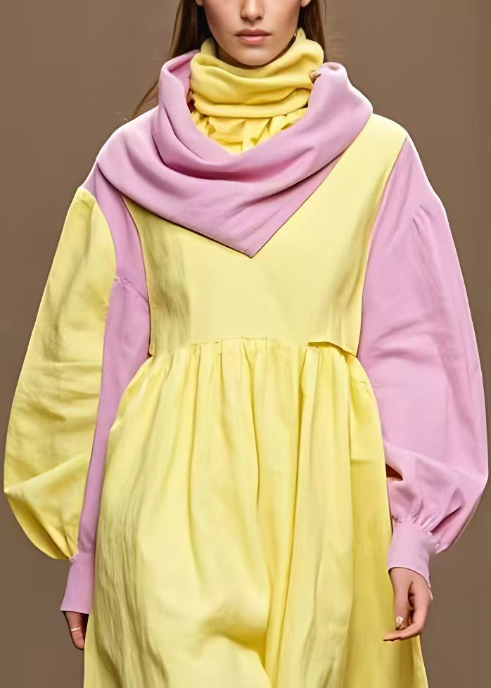 Italian Yellow Turtleneck Asymmetrical Cotton Maxi Dresses Fall