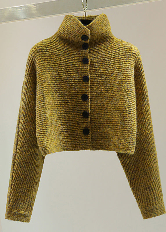 Italian Yellow Turtleneck Button Cotton Knitted Sweater Batwing Sleeve