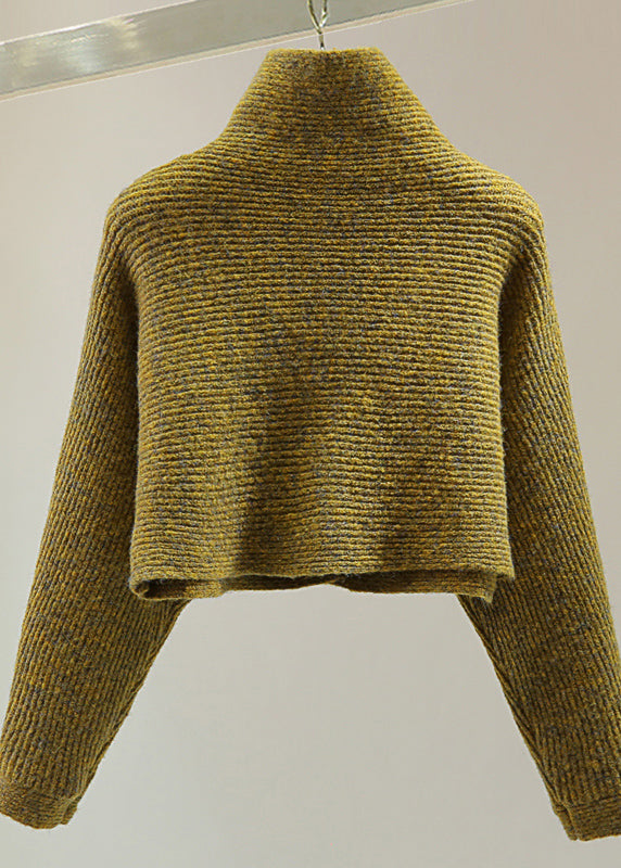 Italian Yellow Turtleneck Button Cotton Knitted Sweater Batwing Sleeve