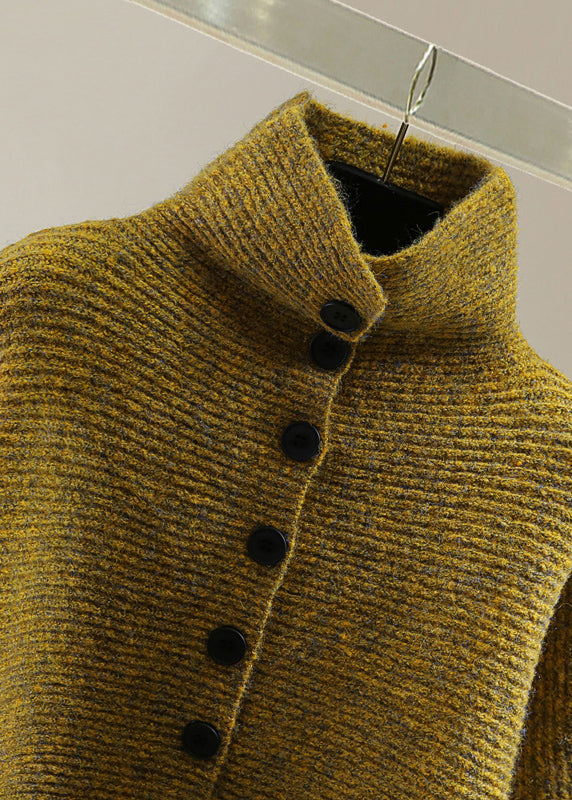 Italian Yellow Turtleneck Button Cotton Knitted Sweater Batwing Sleeve