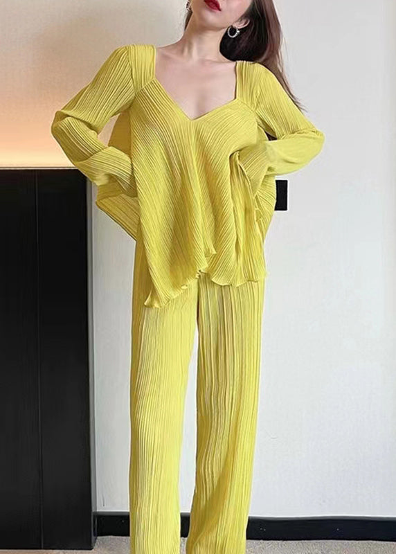 Italian Yellow V Neck Asymmetrical Patchwork Cotton Two Pieces Set Fall