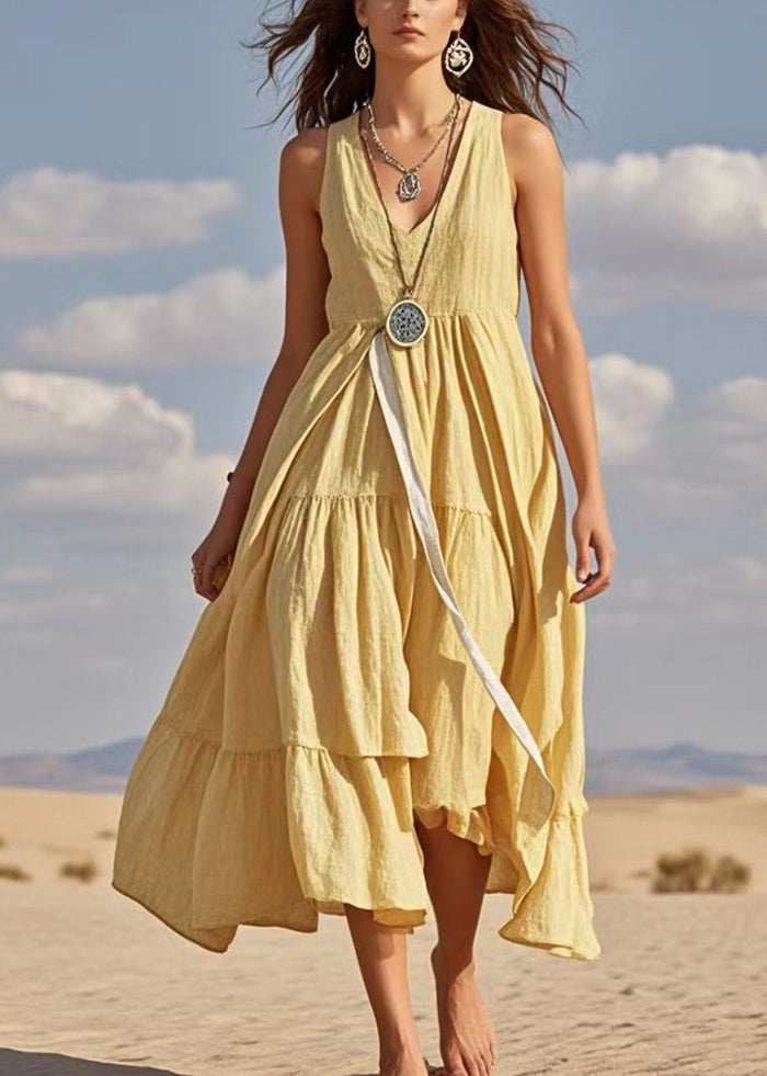 Italian Yellow V Neck Exra Large Hem Cotton Dresses Summer