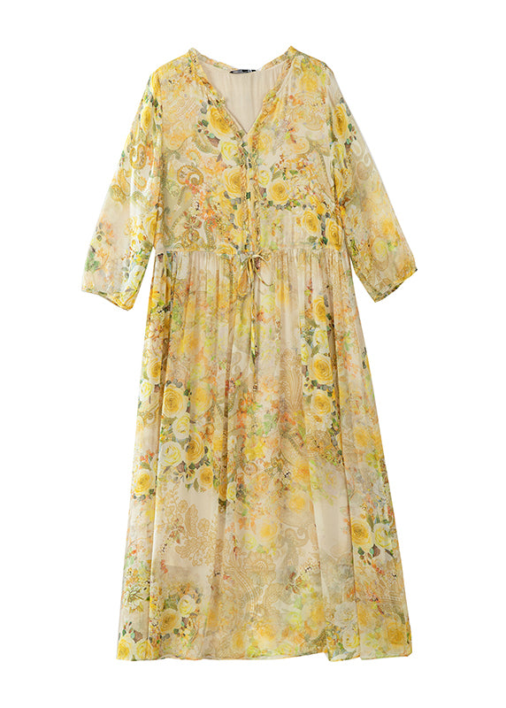 Italian Yellow V Neck Print Drawstring Silk Dresses Summer