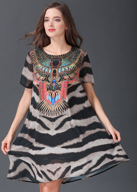 Italian Zebra Pattern O Neck Patchwork Chiffon Mid Dresses Summer