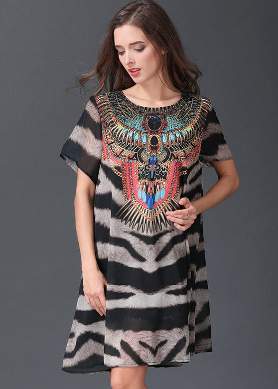 Italian Zebra Pattern O Neck Patchwork Chiffon Mid Dresses Summer