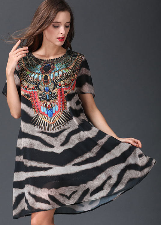 Italian Zebra Pattern O Neck Patchwork Chiffon Mid Dresses Summer