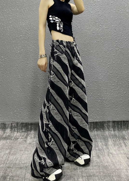 Italian Zebra Pattern Pockets Denim Wide Leg Pants Spring