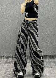 Italian Zebra Pattern Pockets Denim Wide Leg Pants Spring