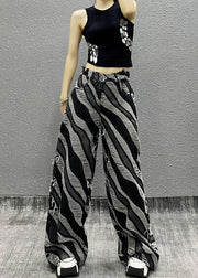 Italian Zebra Pattern Pockets Denim Wide Leg Pants Spring