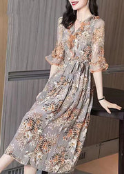 Italian Orange Ruffled Print Wrinkled Silk Holiday Dresses Flare Sleeve