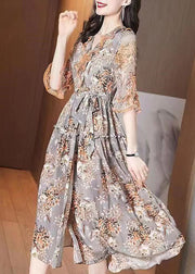 Italian Orange Ruffled Print Wrinkled Silk Holiday Dresses Flare Sleeve