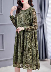 Jacquard Army Green O-Neck Lace Up Silk Velour Dress Long Sleeve