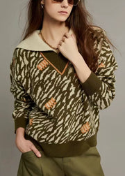 Jacquard Army Green Sailor Collar Cozy Knit Sweater Spring