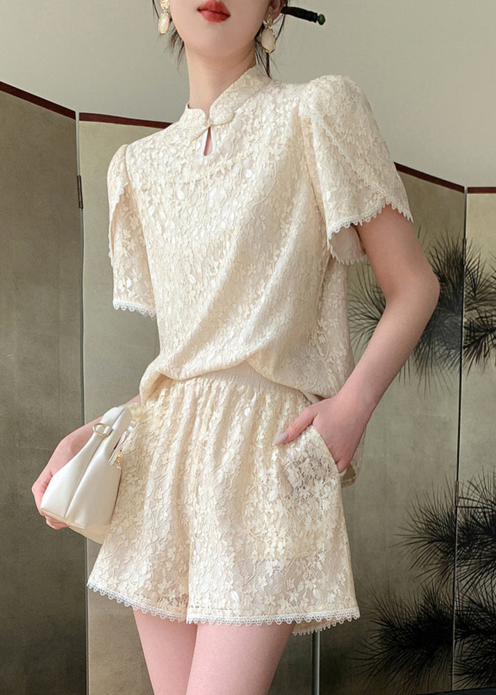 Jacquard Beige Stand Collar Lace Patchwork Chiffon Shirts And Shorts Two Pieces Set Summer