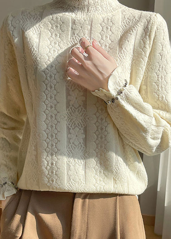 Jacquard Beige Turtleneck Cozy Solid Cotton Knitted Tops Winter