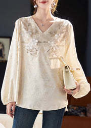 Jacquard Beige V Neck Zircon Chiffon Blouses Spring