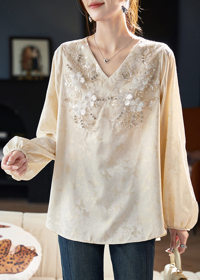 Jacquard Beige V Neck Zircon Chiffon Blouses Spring