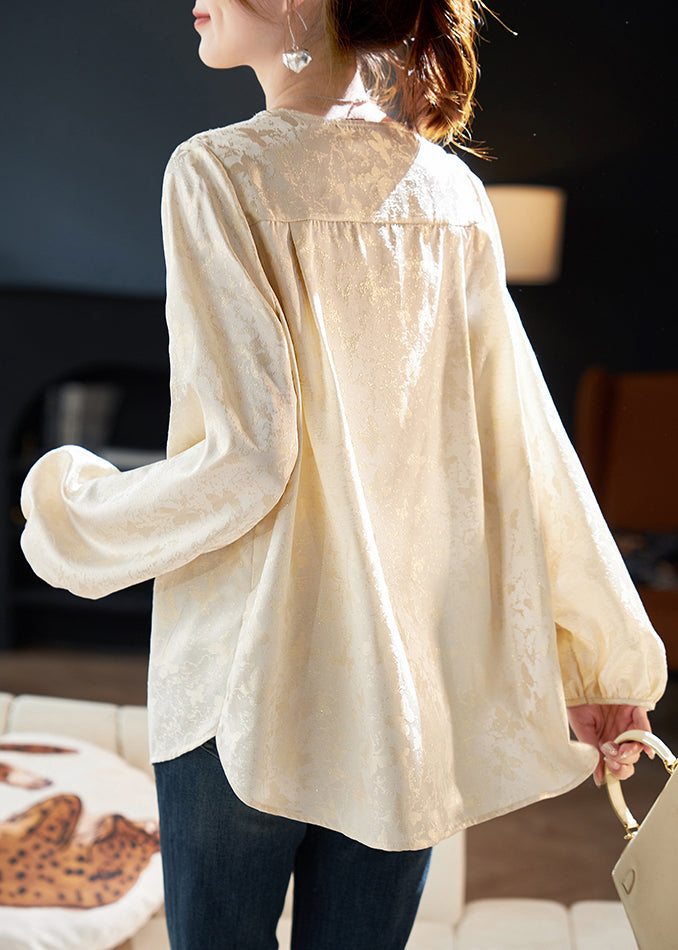 Jacquard Beige V Neck Zircon Chiffon Blouses Spring