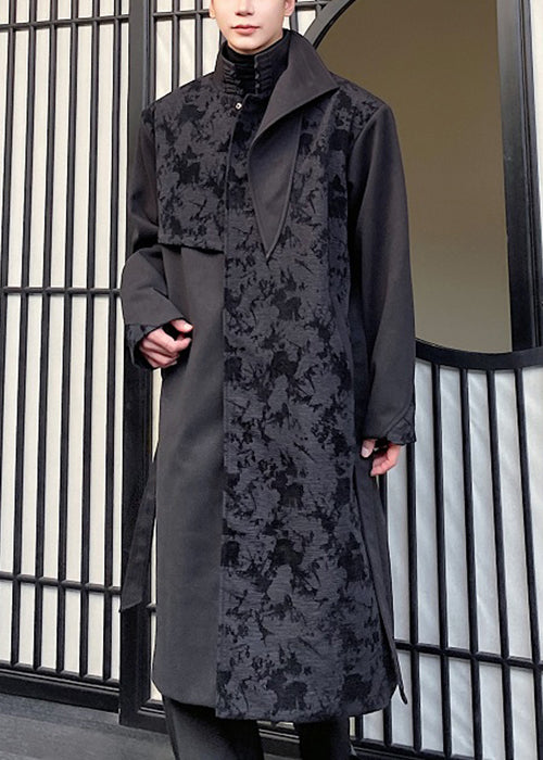 Jacquard Black Asymmetrical Tie Waist Men Trench Coat Winter