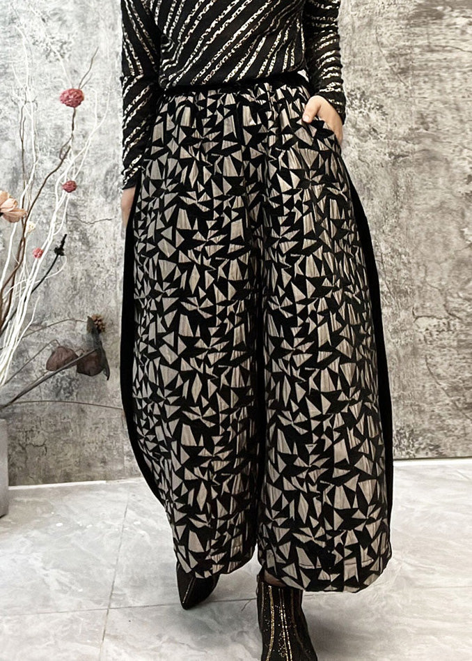 Jacquard Black Elastic Waist Crop Wide Leg Pants Spring