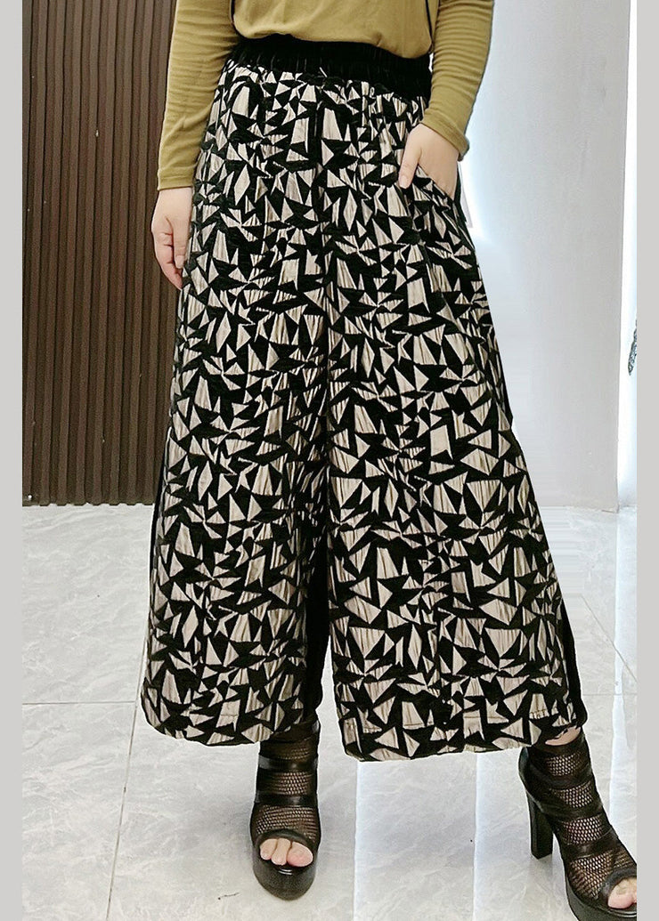 Jacquard Black Elastic Waist Crop Wide Leg Pants Spring