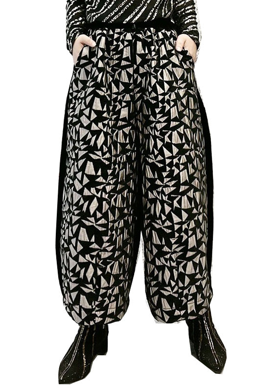 Jacquard Black Elastic Waist Crop Wide Leg Pants Spring