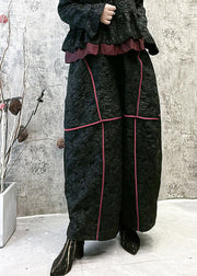 Jacquard Black Elastic Waist Silk Satin Wide Leg Pants Spring