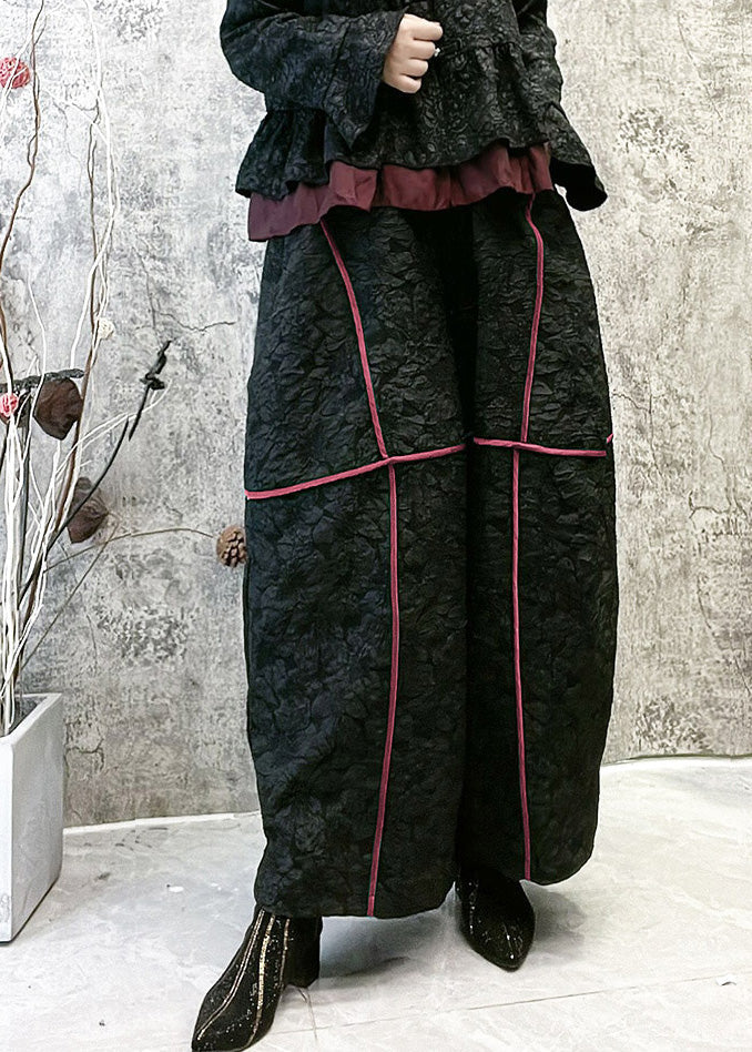 Jacquard Black Elastic Waist Silk Satin Wide Leg Pants Spring