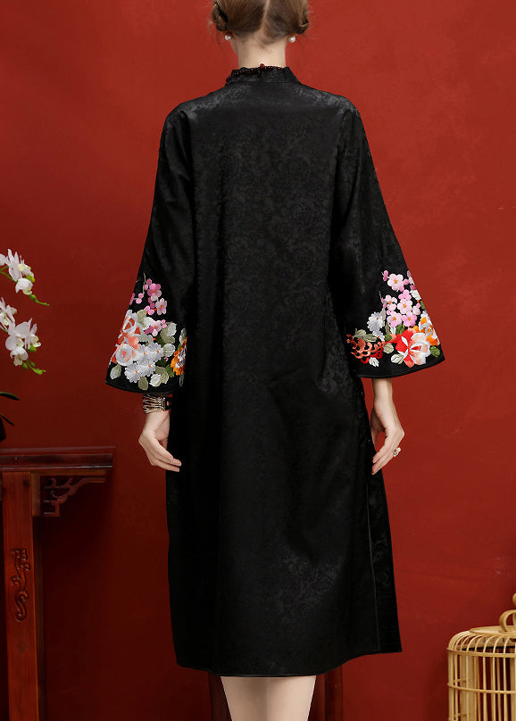 Jacquard Black Embroideried Button Side Open Silk Maxi Dress Long Sleeve