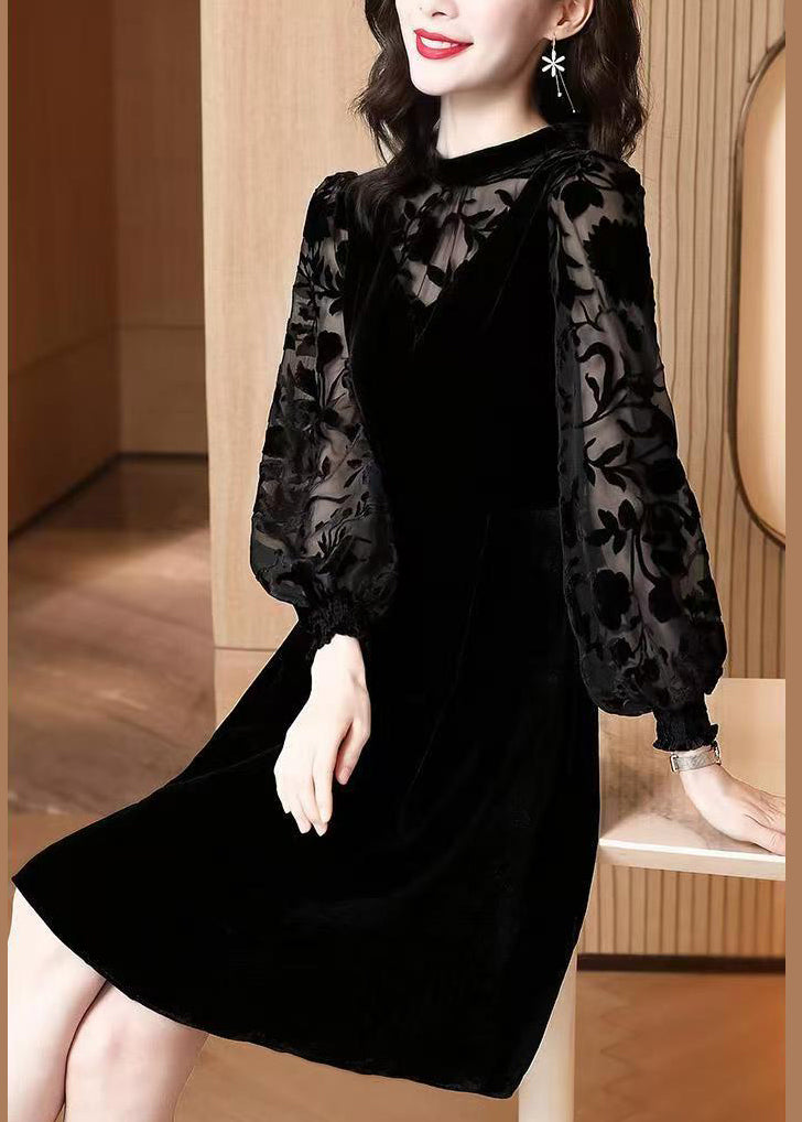 Jacquard Black High Waist Patchwork Silk Velvet Dresses Winter