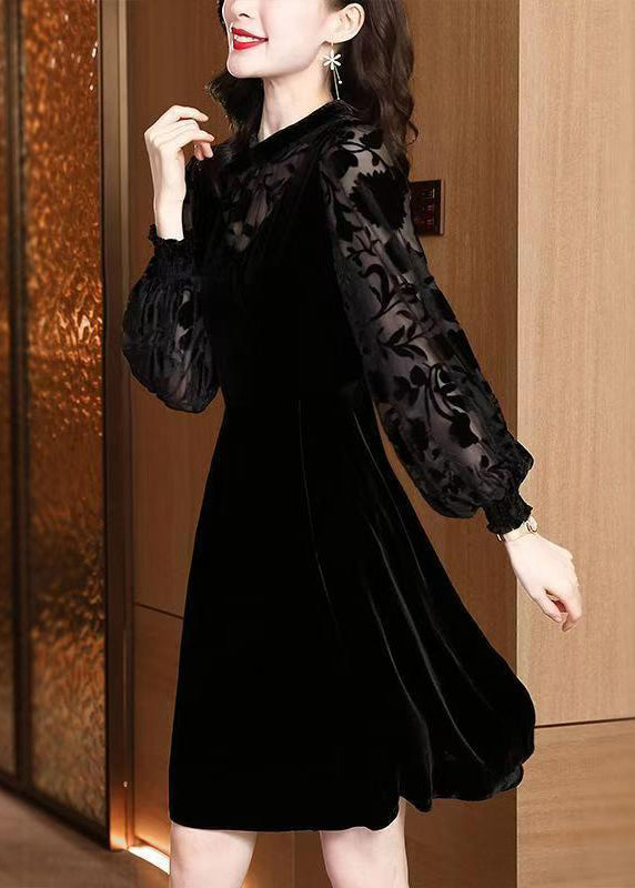 Jacquard Black High Waist Patchwork Silk Velvet Dresses Winter