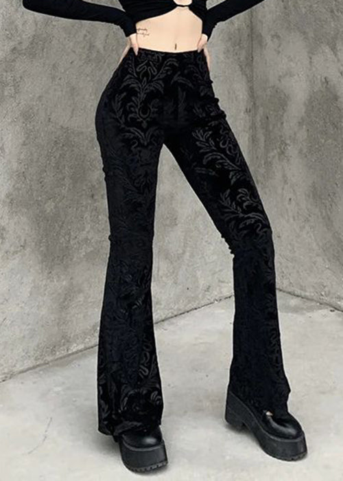 Jacquard Black High Waist Silk Velvet Flare Bottoms Spring