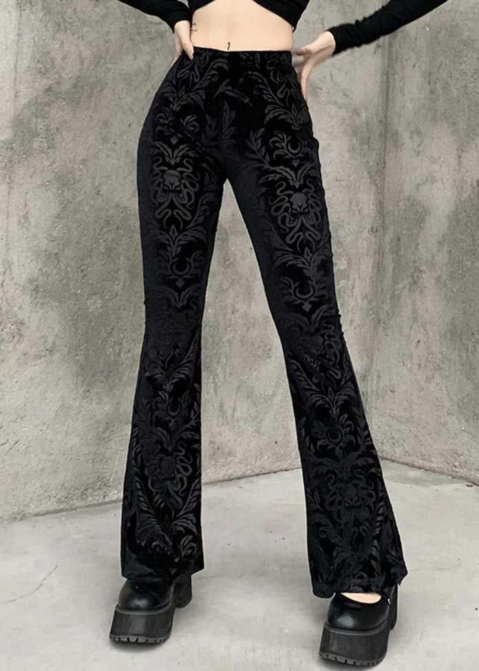 Jacquard Black High Waist Silk Velvet Flare Bottoms Spring