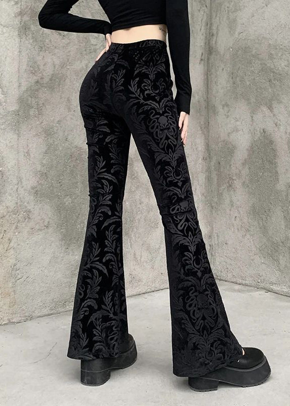 Jacquard Black High Waist Silk Velvet Flare Bottoms Spring