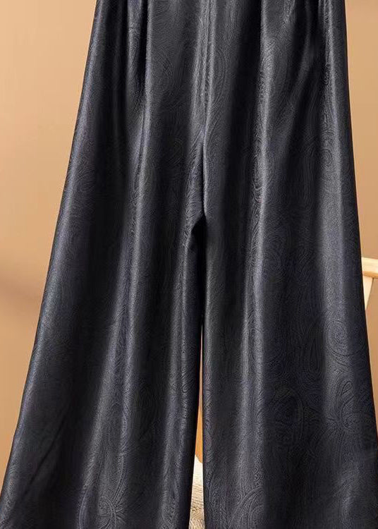 Jacquard Black High Waist Silk Wide Leg Pants Spring