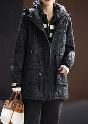 Jacquard Black Hooded Pockets Drawstring Cotton Filled Coats Spring