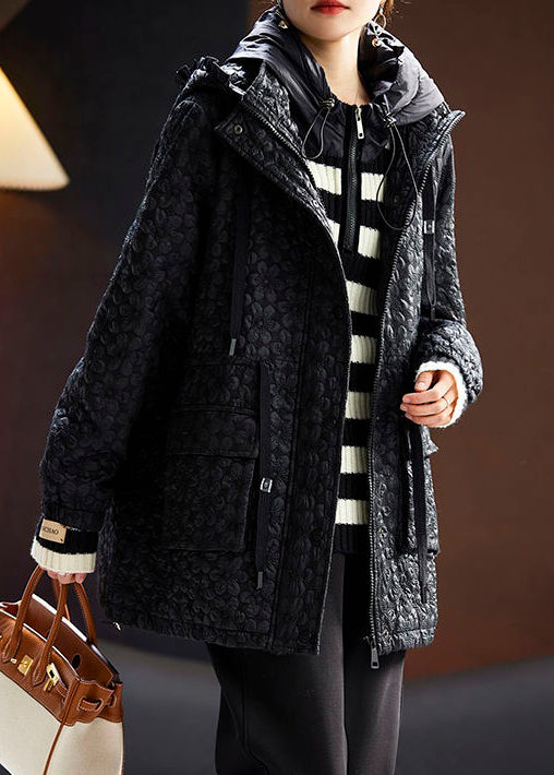 Jacquard Black Hooded Pockets Drawstring Cotton Filled Coats Spring