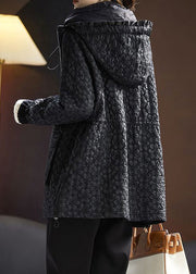 Jacquard Black Hooded Pockets Drawstring Cotton Filled Coats Spring