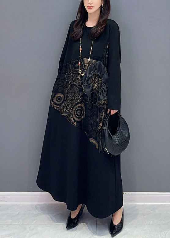 Jacquard Black Lace Up Pockets Cotton Long Dresses Long Sleeve