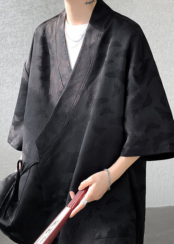 Jacquard Black Lace Up Pockets Ice Silk Mens Coat Batwing Sleeve