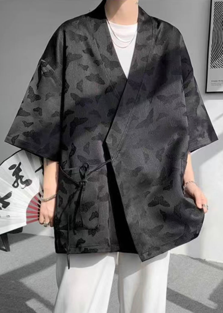 Jacquard Black Lace Up Pockets Ice Silk Mens Coat Batwing Sleeve