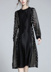 Jacquard Black O-Neck Patchwork Dot Party Long Dress Long Sleeve