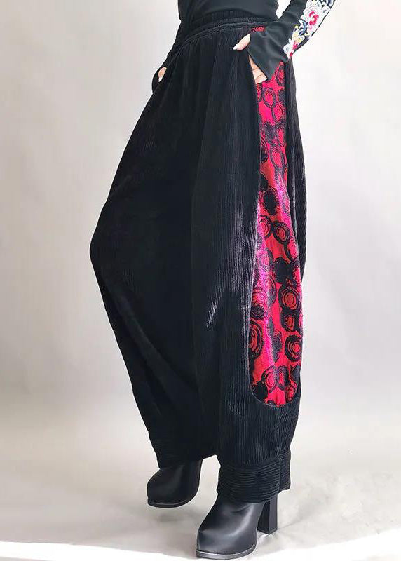 Jacquard Black Patchwork Elastic Waist Thick Corduroy Wide Leg Pants Spring