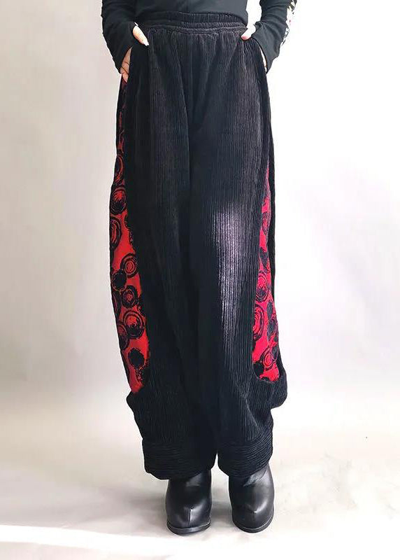 Jacquard Black Patchwork Elastic Waist Thick Corduroy Wide Leg Pants Spring