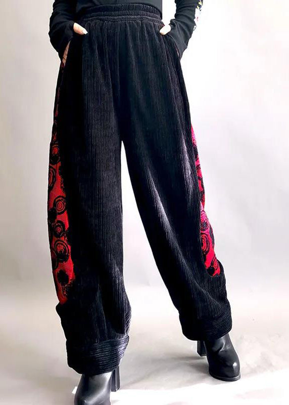 Jacquard Black Patchwork Elastic Waist Thick Corduroy Wide Leg Pants Spring