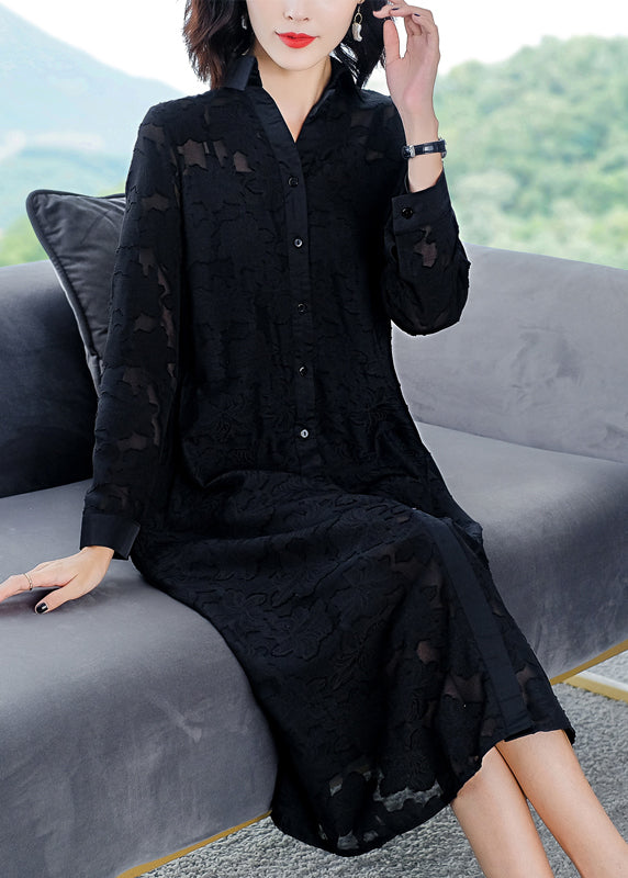 Jacquard Black Peter Pan Collar Button Long Dress Long Sleeve