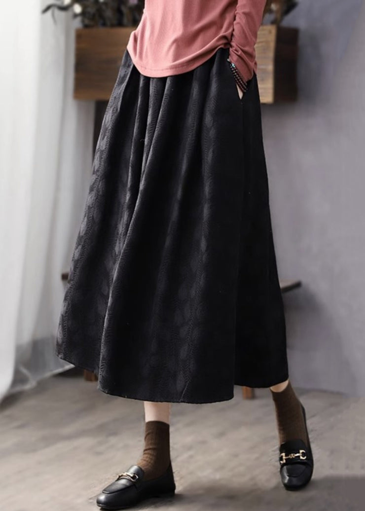 Jacquard Black Pockets Elastic Waist Cotton Skirt Fall