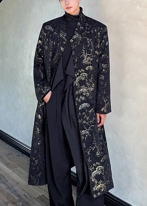 Jacquard Black Side Open Tie Waist Mens Long Coats Fall